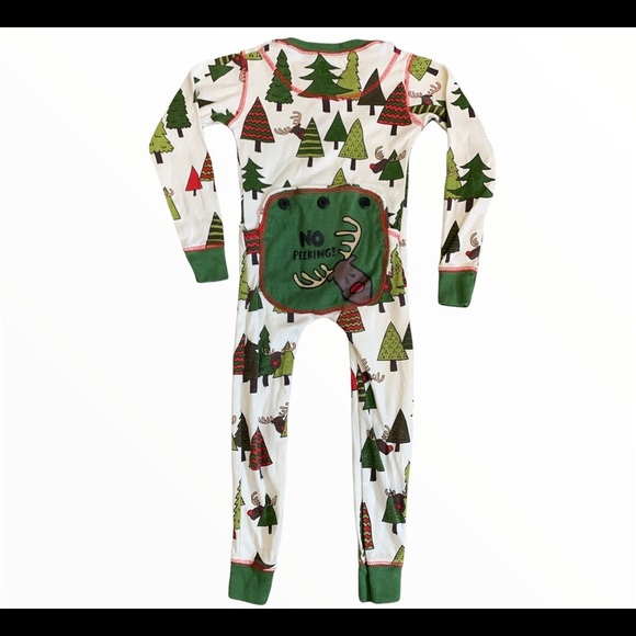 LAZY ONE Flap Jack Reindeer No Peeking Forest Tree Print Onesie Ivory/Green 2T - Picture 10 of 12